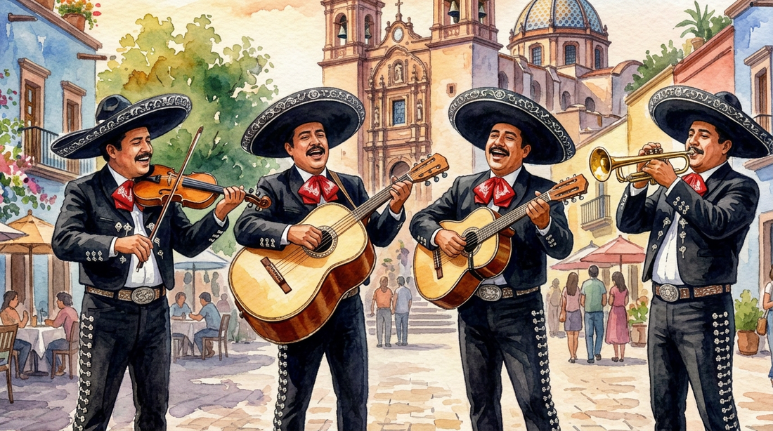 Illustrative Darstellung eines Mariachi-Ensembles mit Violine, Trompete und Gitarren auf einer farbenfrohen Straße in Mexiko.