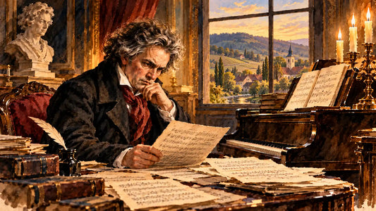 Illustration von Ludwig van Beethoven mit Notenblättern am Klavier in Heiligenstadt bei Wien.