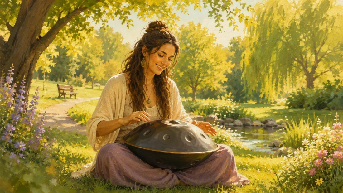 Illustrative Darstellung einer Frau beim Spielen einer Handpan in einem sonnigen Park.