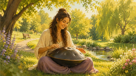 Illustrative Darstellung einer Frau beim Spielen einer Handpan in einem sonnigen Park.