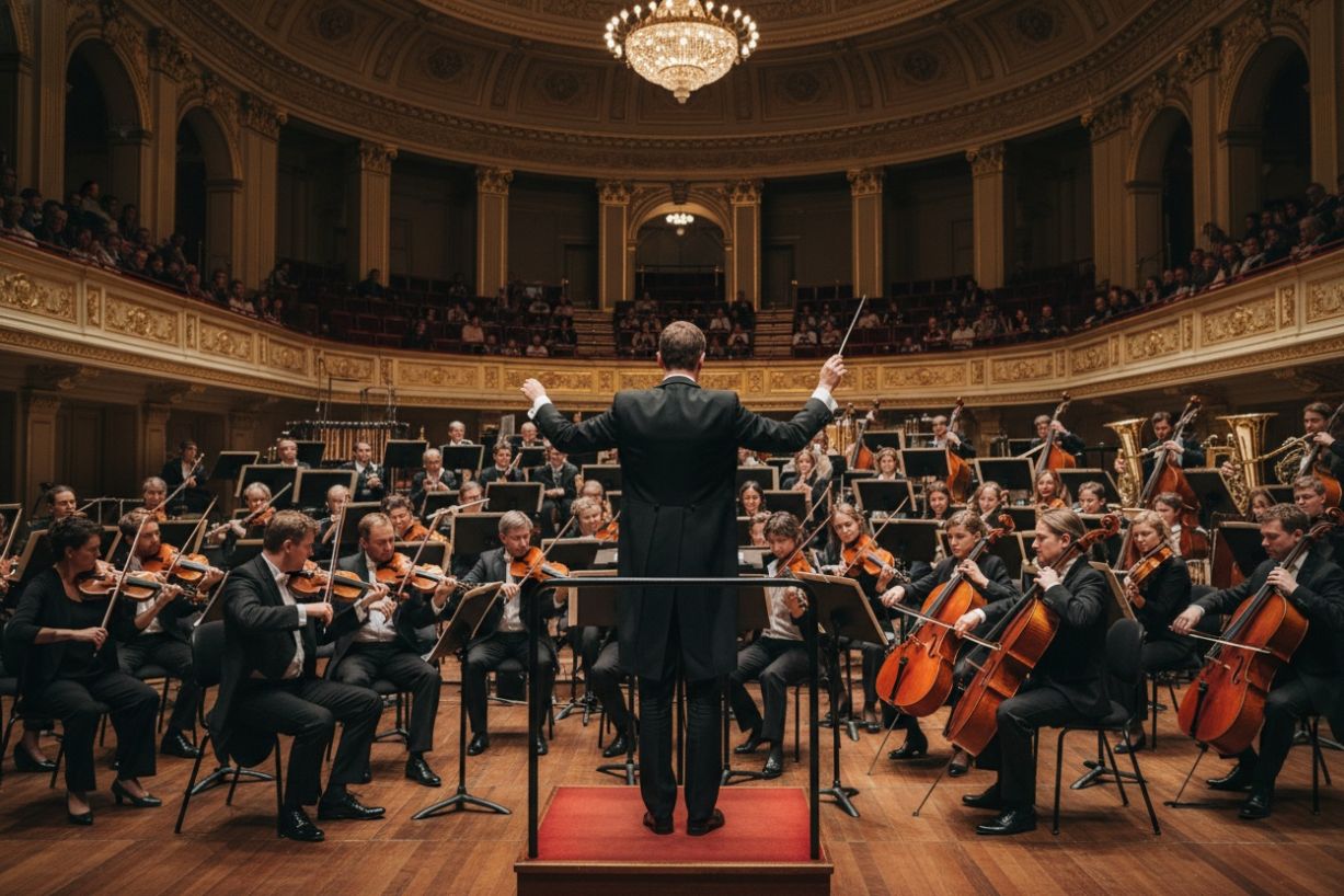 Dirigent vor großem Orchester in einem prunkvollen Konzertsaal beim Konzert