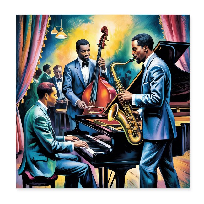 Poster mit illustrativer Jazz-Combo aus Piano, Saxofon und Kontrabass