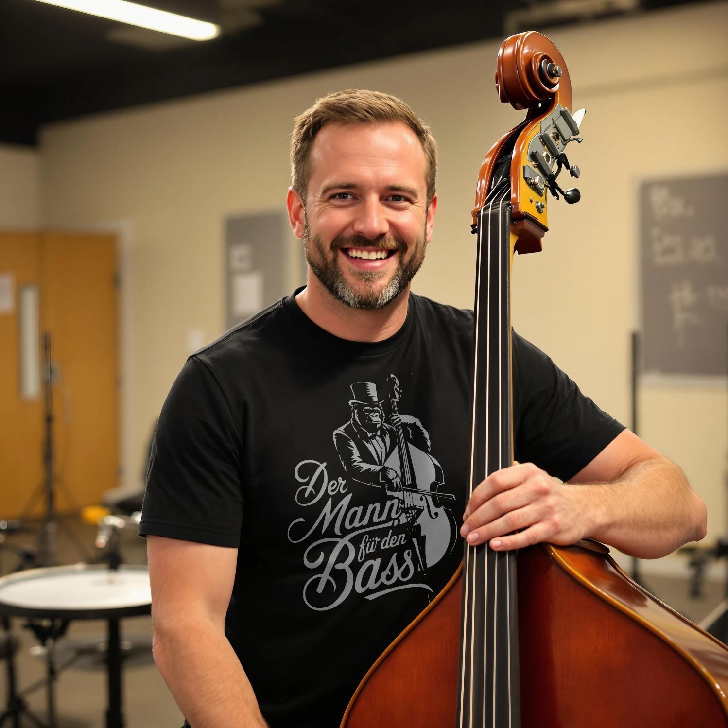 Mann spielt Kontrabass und trägt witziges Musik T Shirt mit einem Kontrabass spielenden Gorilla und Schriftzug Der Mann für den Bass