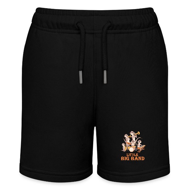 Schwarze Teenager Bio-Joggingshorts mit Little Big Band Musikmotiv – stellvertretend für 8 Hosen im Kinder- und Teenager-Sortiment von MusicaMotive