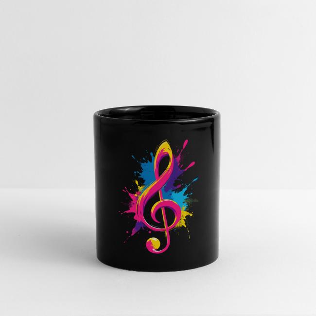 Schwarze Tasse mit buntem Notenschlüssel als Beispiel für 20 verschiedene Tassen und Zubehör von MusicaMotive