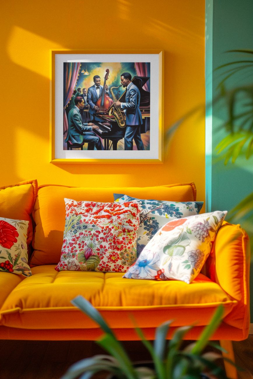Kunstdruck mit Jazzband als Wanddekoration im Wohnzimmer