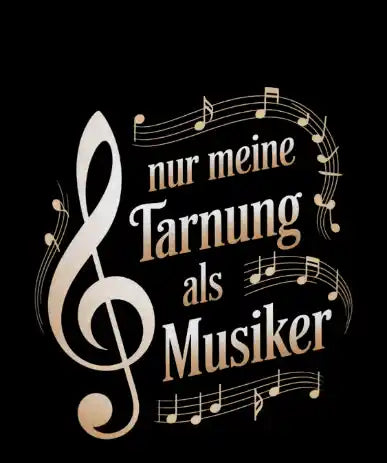 Personalisierbares Musikdesign mit Notenschlüssel, Notenmotiv und dem Spruch „nur meine Tarnung als Musiker“ als Vorlage für eine individuelle Berufsbezeichnung.