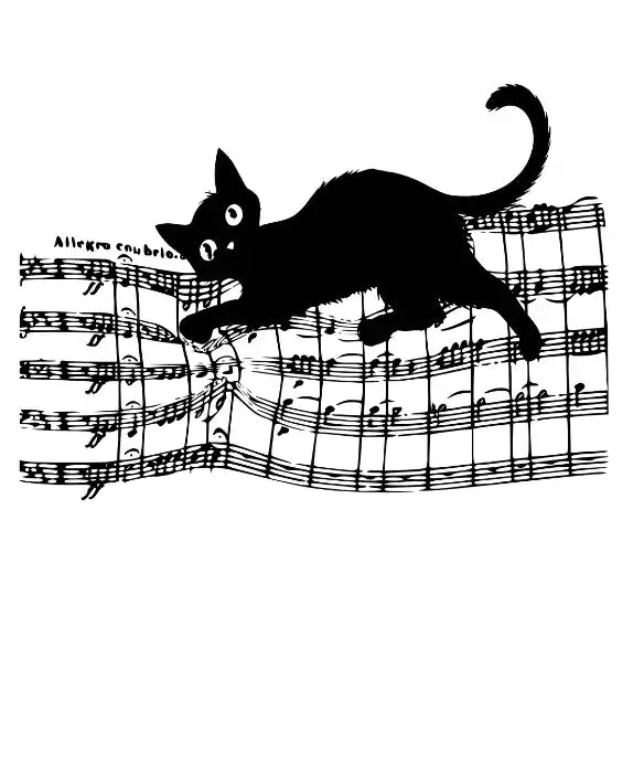 Personalisierbares Musikmotiv mit schwarzer Katze auf einem Notenblatt als Vorlage für Haustier-Produkte.