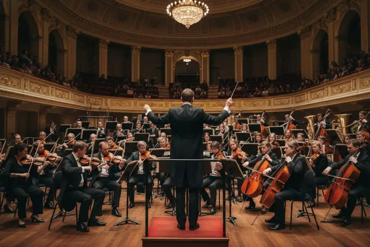 Dirigent leitet Orchester in Konzerthalle – MusicaMotive Hero