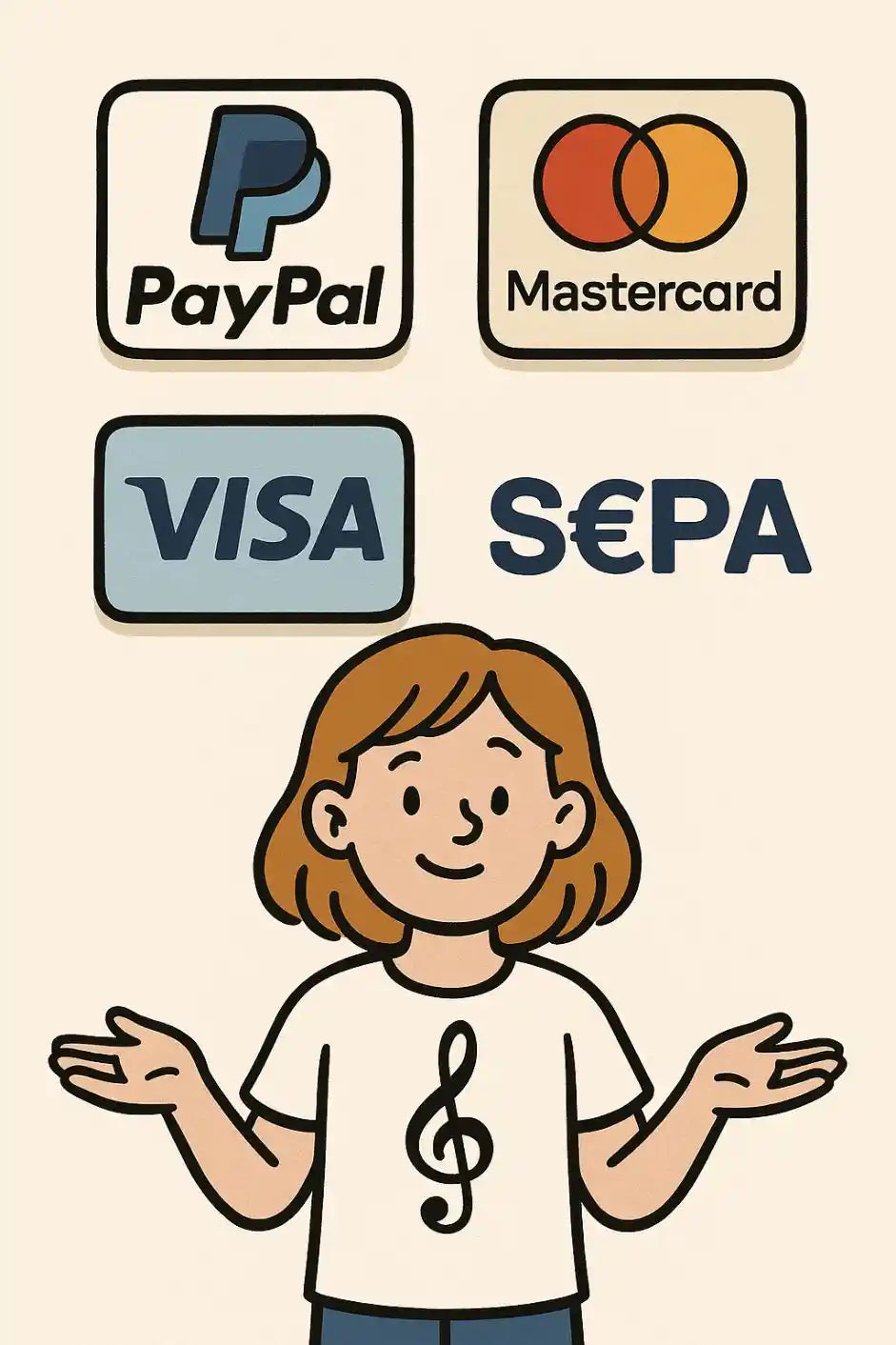 Illustration zu den Bezahlmethoden bei MusicaMotive mit PayPal, Mastercard, Visa und SEPA.