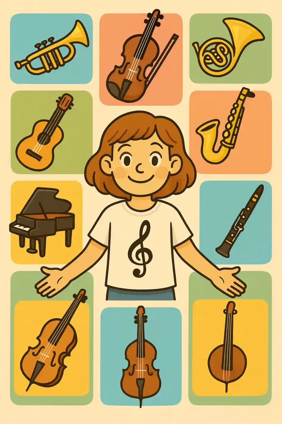 Illustration mit verschiedenen Musikinstrumenten wie Trompete, Geige, Horn, Gitarre, Saxophon, Klavier, Klarinette, Cello und Kontrabass als Übersicht der Instrumenten-Designs bei MusicaMotive.