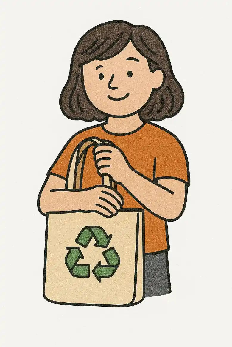 Illustration einer Frau mit Tragetasche und Recyclingsymbol als Symbol für Nachhaltigkeit bei den Produkten von MusicaMotive.