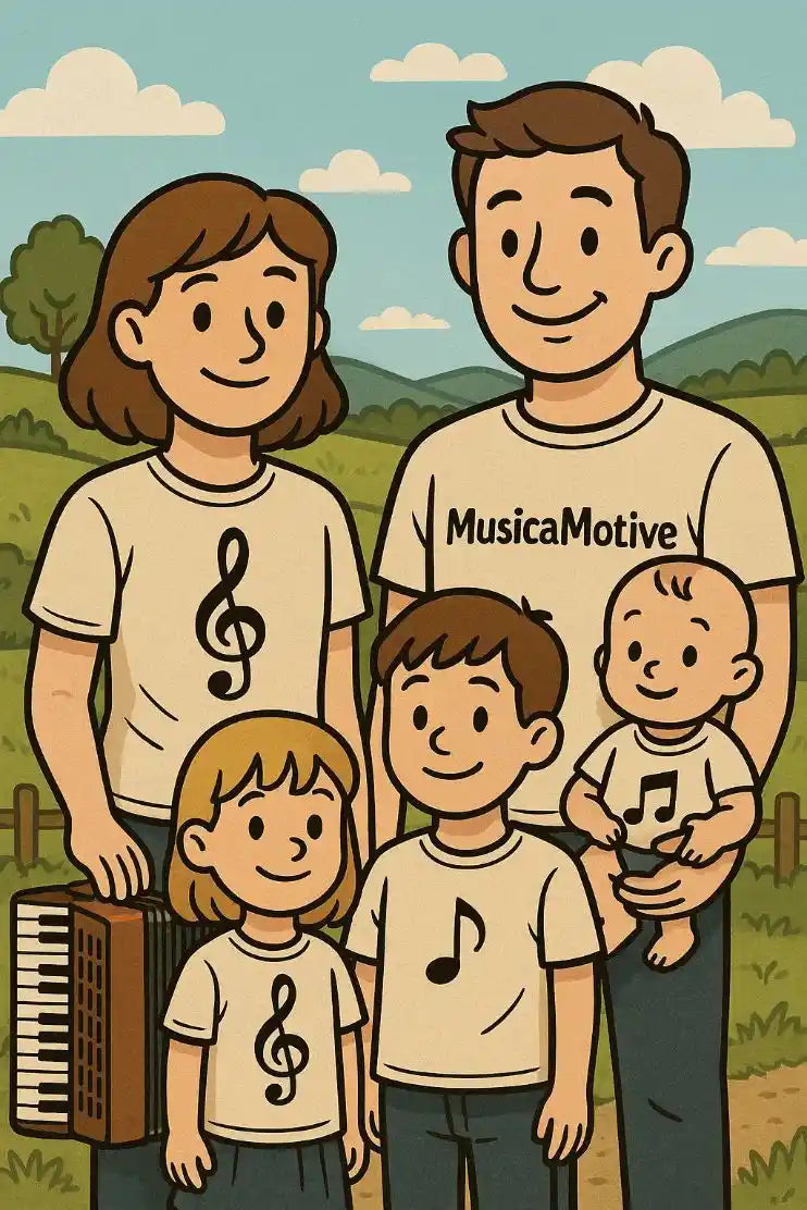 Illustration einer Familie in unterschiedlich großen Musikshirts als Symbol für verschiedene Passformen und Größen bei MusicaMotive.