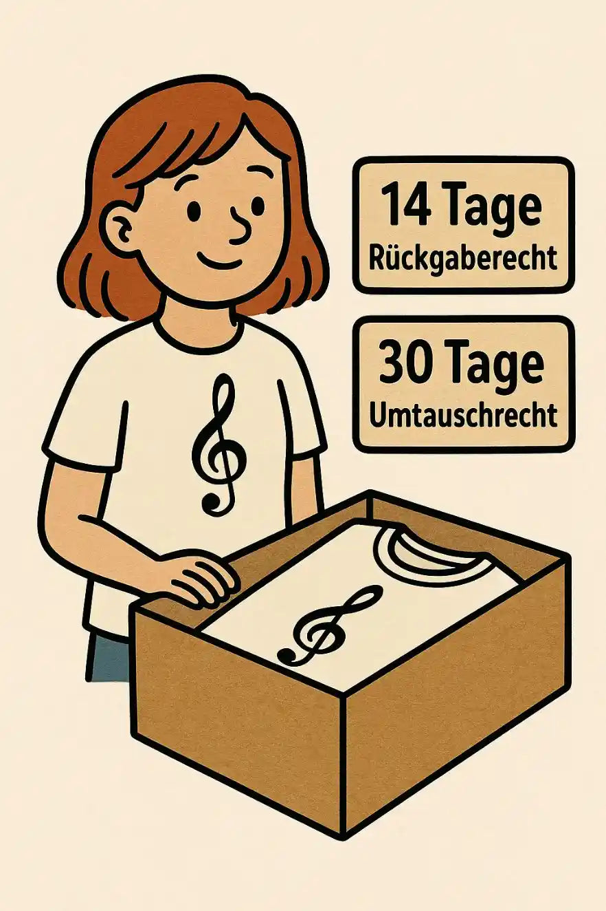 Illustration zu Rückgabe und Umtausch bei MusicaMotive mit geöffnetem Paket und Hinweisen zu 14 Tagen Rückgaberecht sowie 30 Tagen Umtauschrecht.