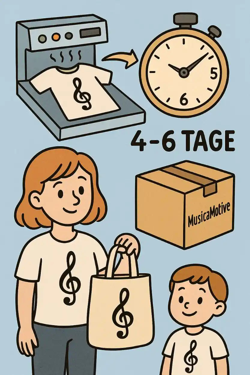 Illustration zu Versanddauer und Lieferzeit mit bedrucktem Shirt, Uhr, Paket sowie Musikprodukten von MusicaMotive.