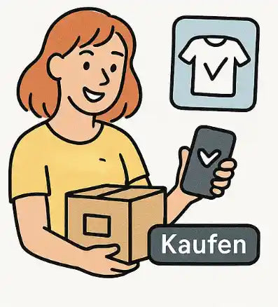 Illustration einer glücklichen Kundin mit Paket und Smartphone nach der Bestellung eines personalisierten Shirts.