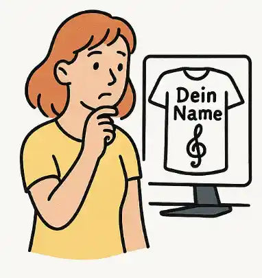 Illustration einer Kundin, die ihr personalisiertes Motiv mit Namen und Notensymbol vor der Freigabe auf einem Bildschirm prüft.