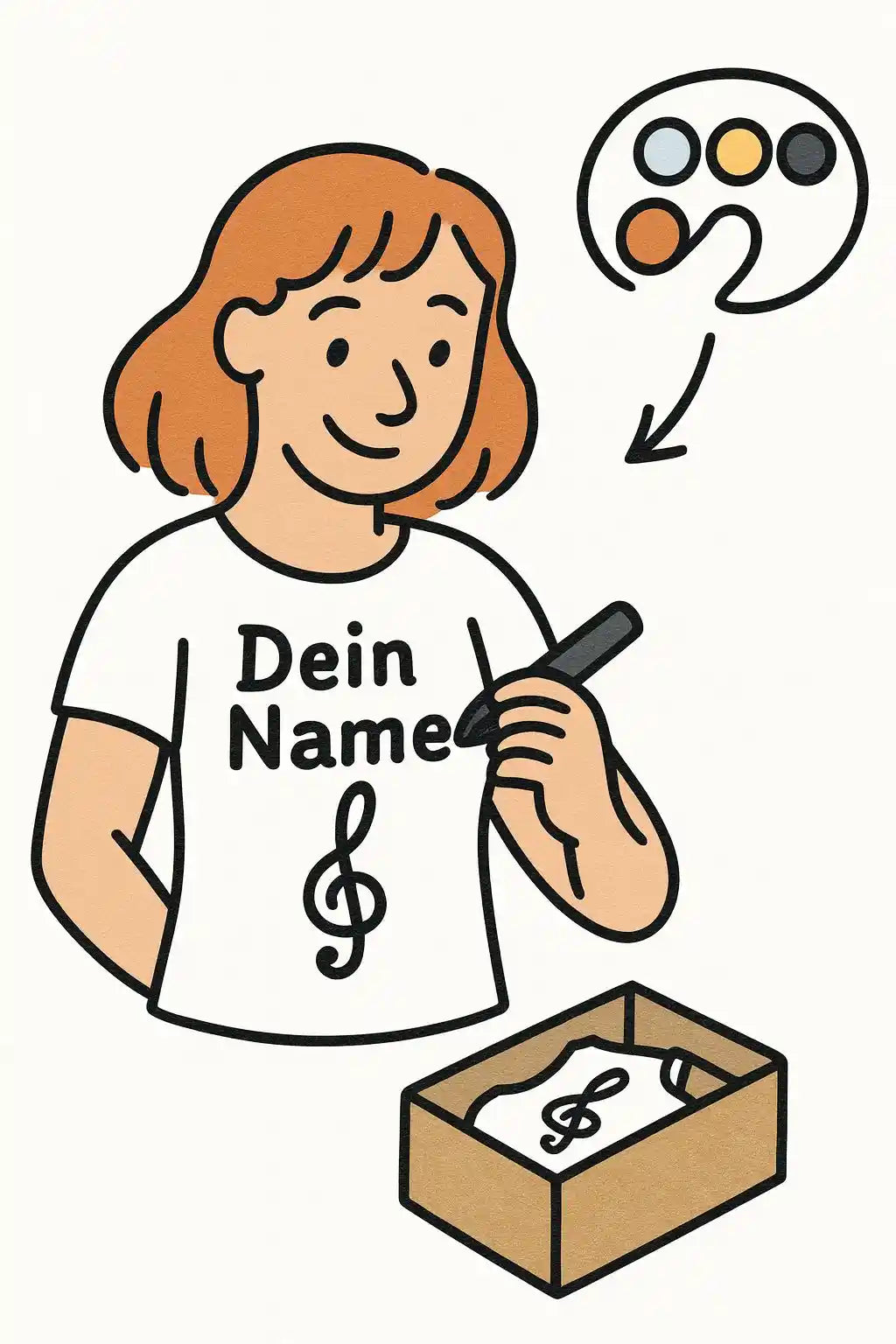 Illustration zur Motiverstellung bei der Personalisierung mit Name, Notensymbol und Farbauswahl auf einem T-Shirt.