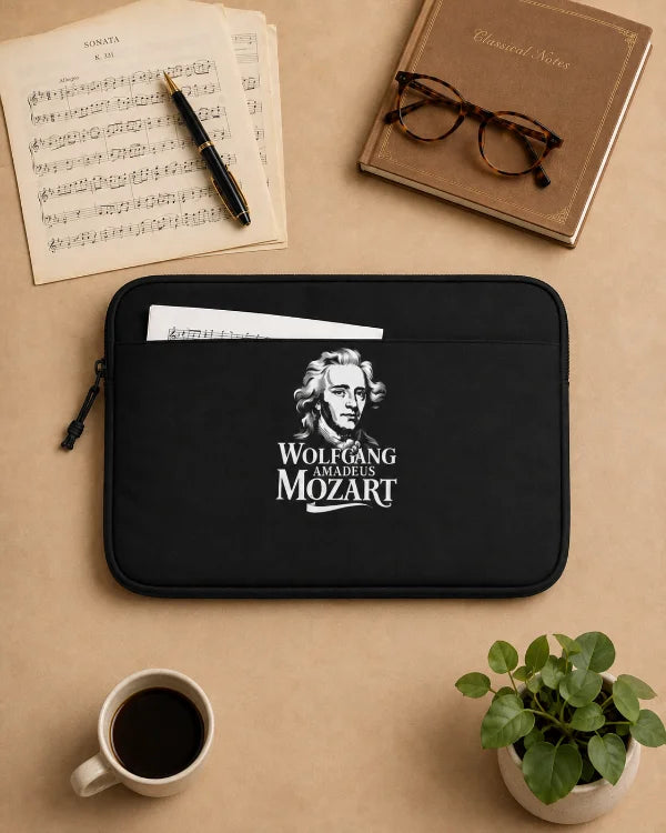 Schwarze Laptoptasche mit Wolfgang-Amadeus-Mozart-Motiv auf einem Schreibtisch mit Noten und Brille.