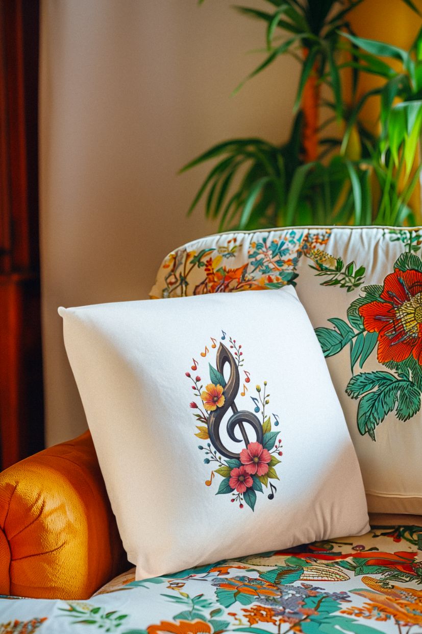 Dekokissen mit Blumen-Notenschlüssel als Geschenk für Musikliebhaber im Wohnbereich