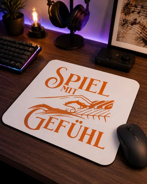 Weißes Mousepad mit orangefarbenem Motiv „Spiel mit Gefühl“ in einer modernen Musik- und Schreibtischszene.