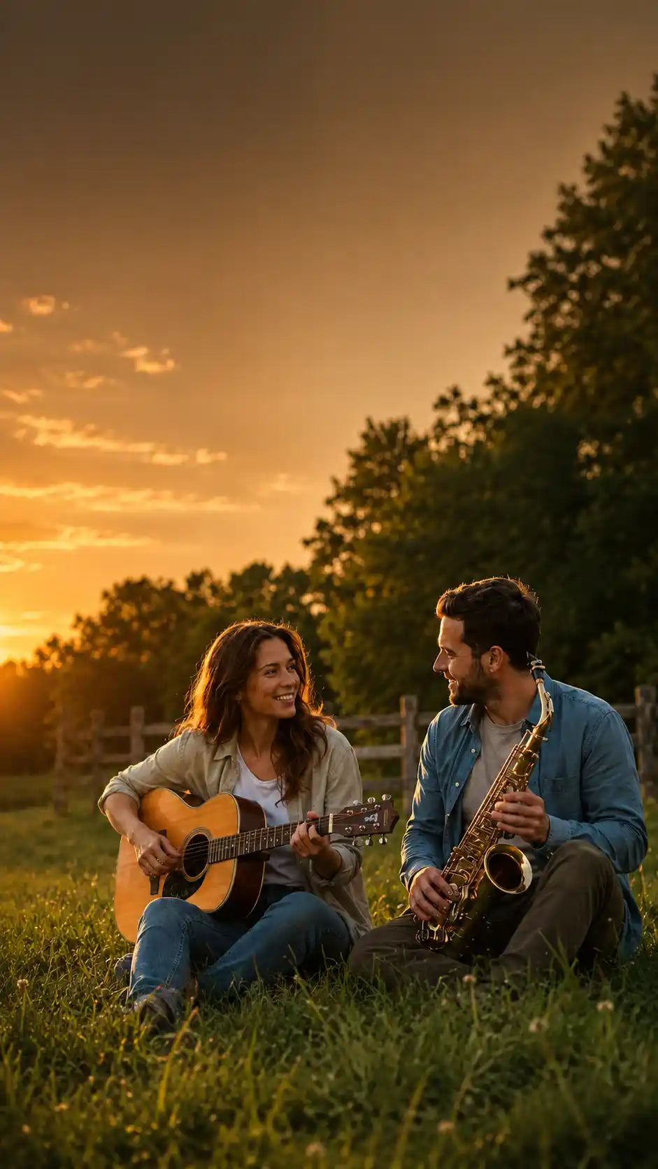 Vertikales Hero-Bild mit zwei Musikern bei Sonnenuntergang auf einer Wiese; die Frau hält eine Gitarre, der Mann ein Saxophon.