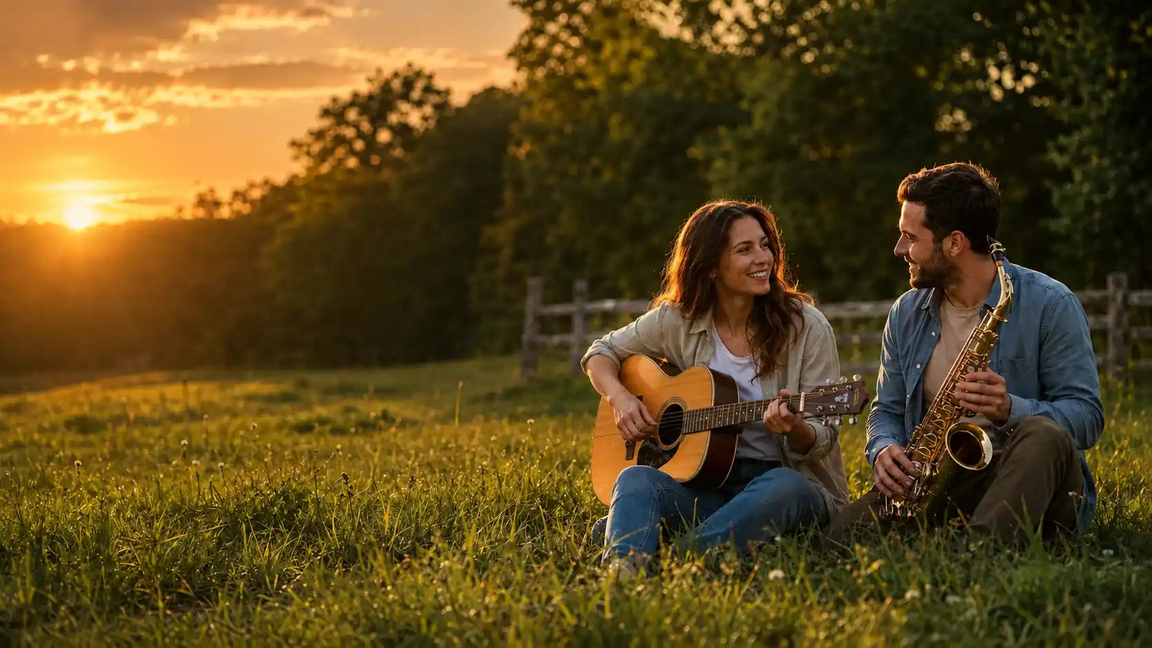 Zwei Musiker sitzen bei Sonnenuntergang auf einer Wiese; eine Frau mit Gitarre und ein Mann mit Saxophon schauen sich lächelnd an.