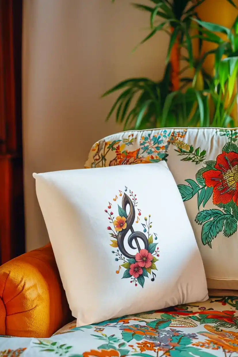 Noten‑Kissen mit Blumen‑Design auf bunter Couch