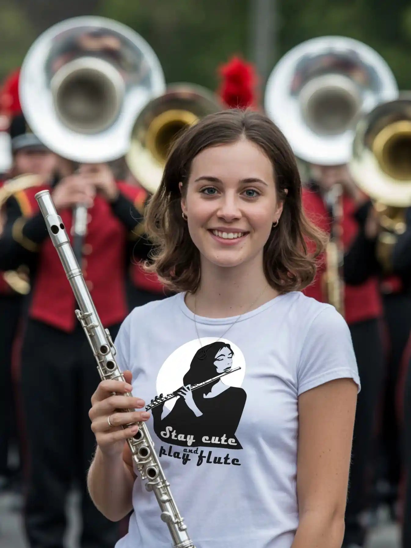 Junge Querflötistin vor einer Marschkapelle trägt ein weißes Damen-T-Shirt mit dem Aufdruck „Stay cute and play flute“ und hält eine Querflöte in der Hand.