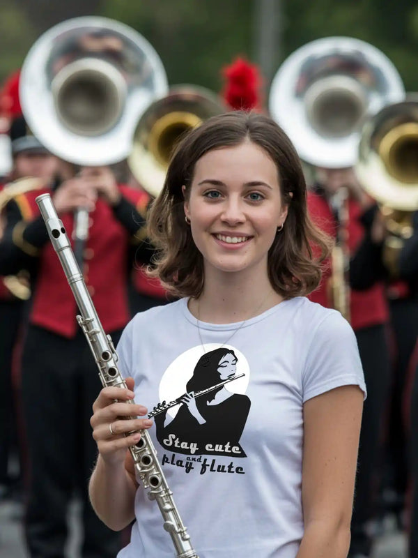 Junge Querflötistin vor einer Marschkapelle trägt ein weißes Damen-T-Shirt mit dem Aufdruck „Stay cute and play flute“ und hält eine Querflöte in der Hand.