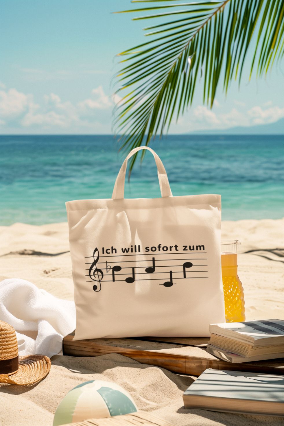 Naturfarbene Stofftasche mit Notenschrift als musikalische Darstellung des Spruchs „Ich will sofort zum Strand“