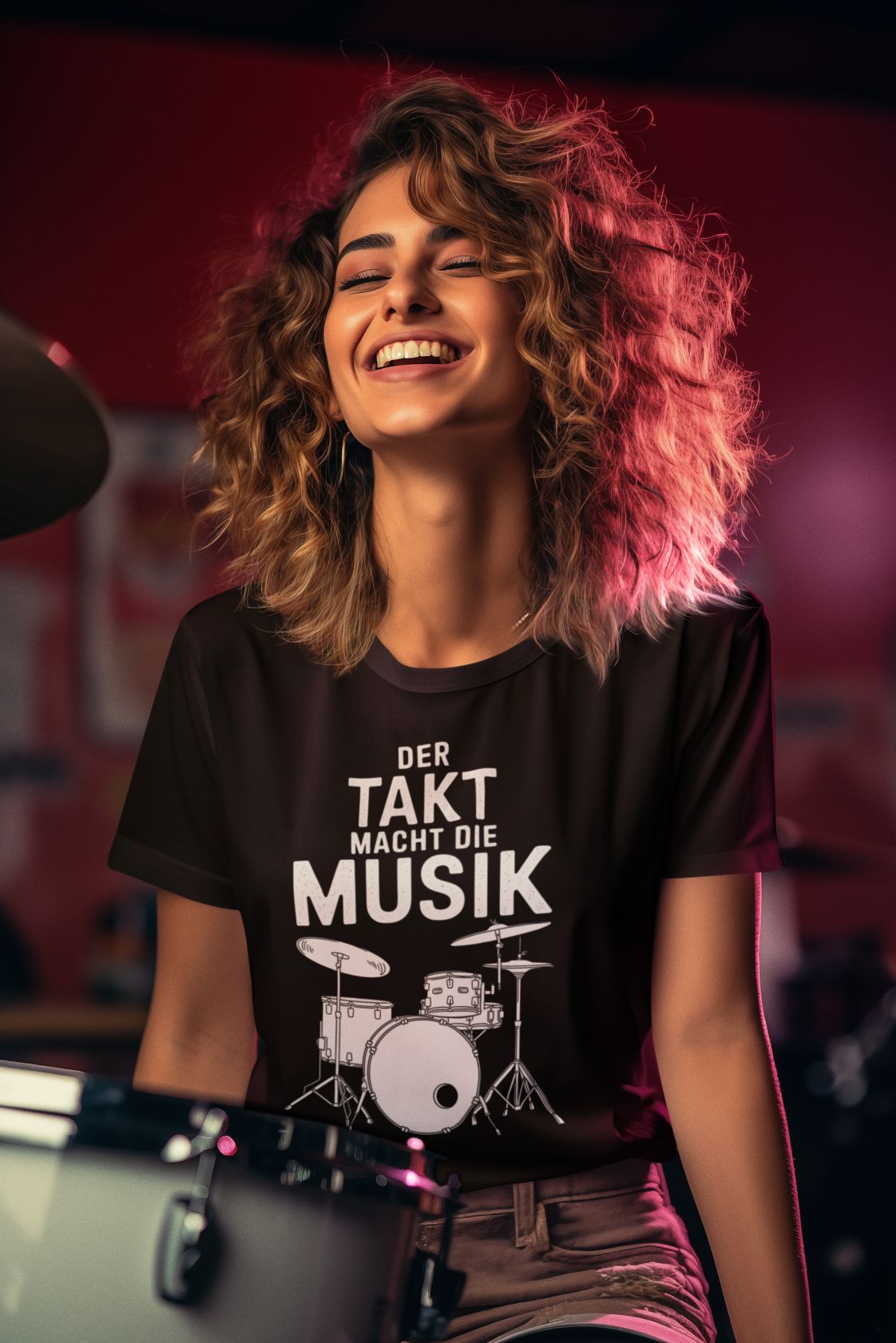 Lachende Schlagzeugerin im Proberaum trägt schwarzes T Shirt mit Aufdruck Der Takt macht die Musik und Schlagzeug Motiv