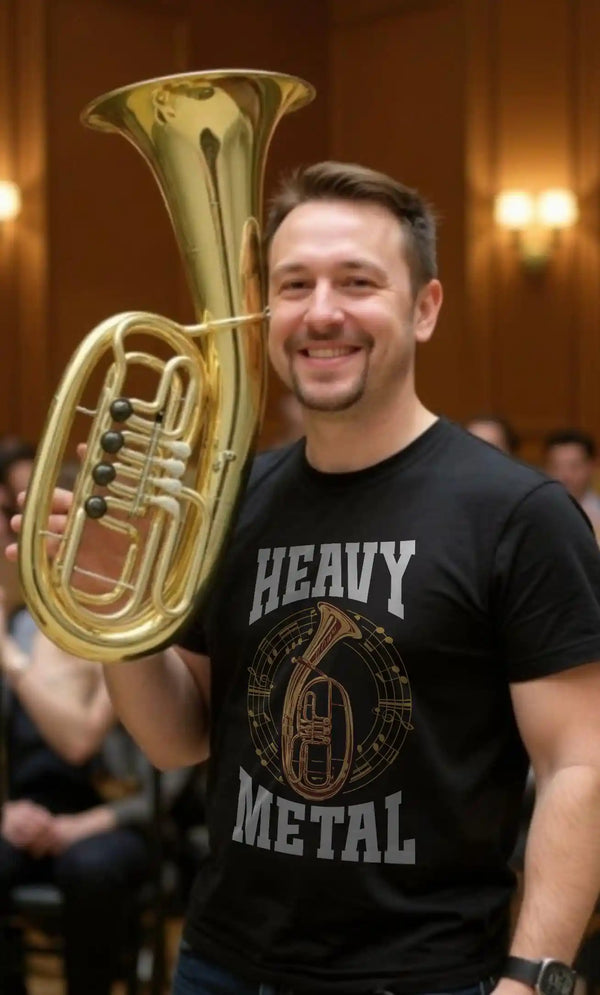 Lachender Tenorhornspieler im Konzertsaal trägt ein schwarzes Herren-T-Shirt mit dem Aufdruck „Heavy Metal“ und Tenorhorn-Motiv.