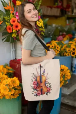 Frau mit Violine‑Blumen Tasche bei Blumenladen